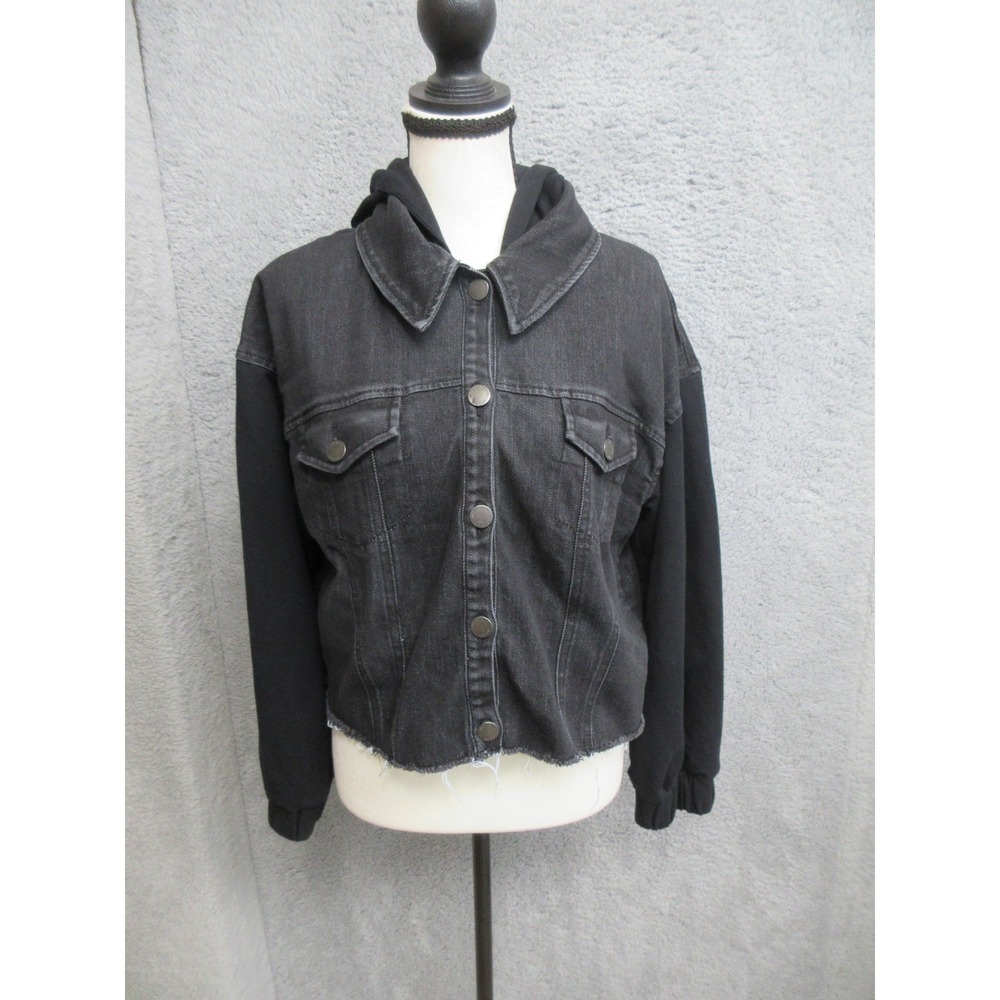 Trucker Jean Jacket Women L Black Denim Hooded Cropped Raw Hem Grunge Streetwear